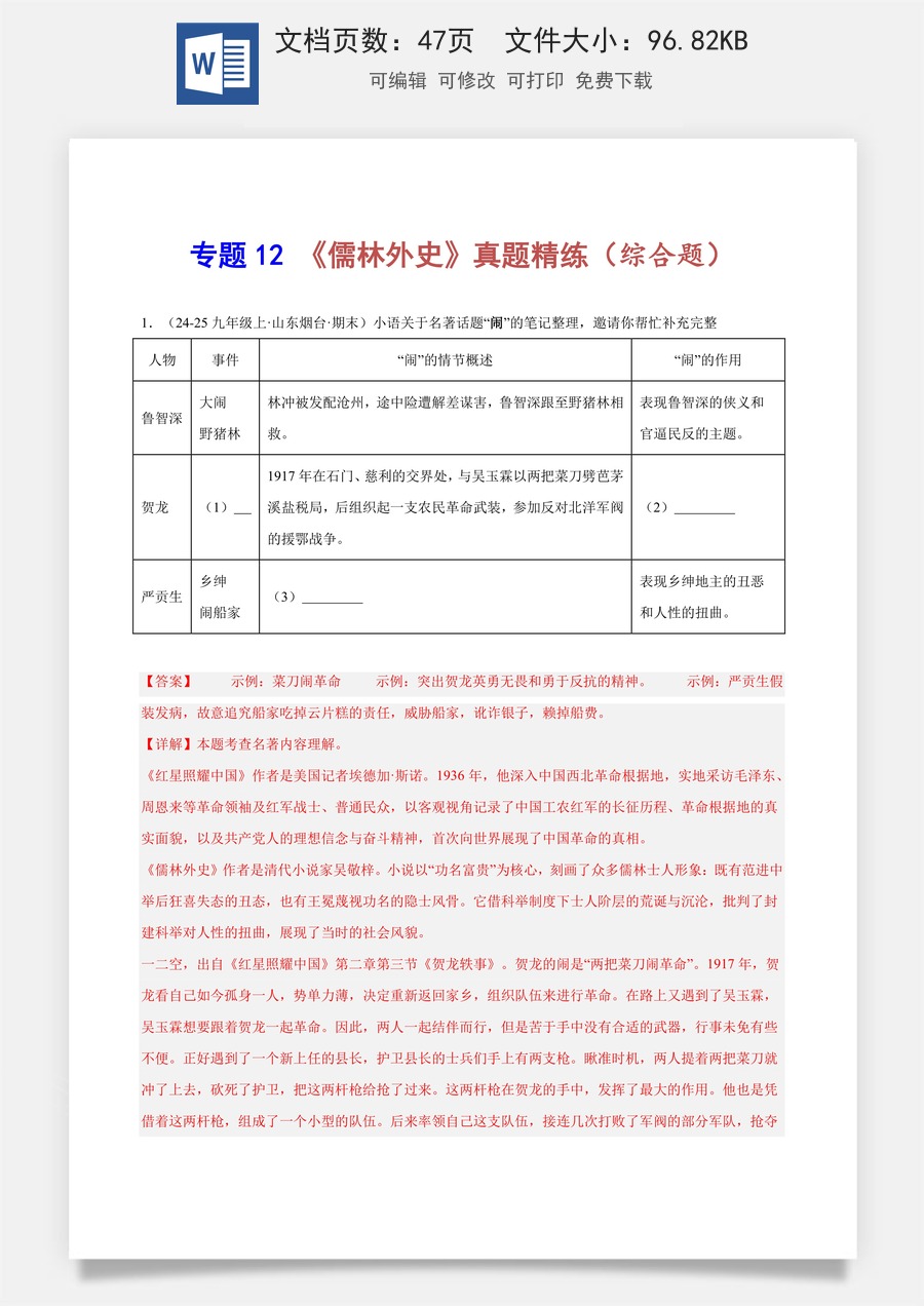 初中-语文-中考语文-名著阅读-专题12 《儒林外史》真题精练（综合题）（教师版）.docx